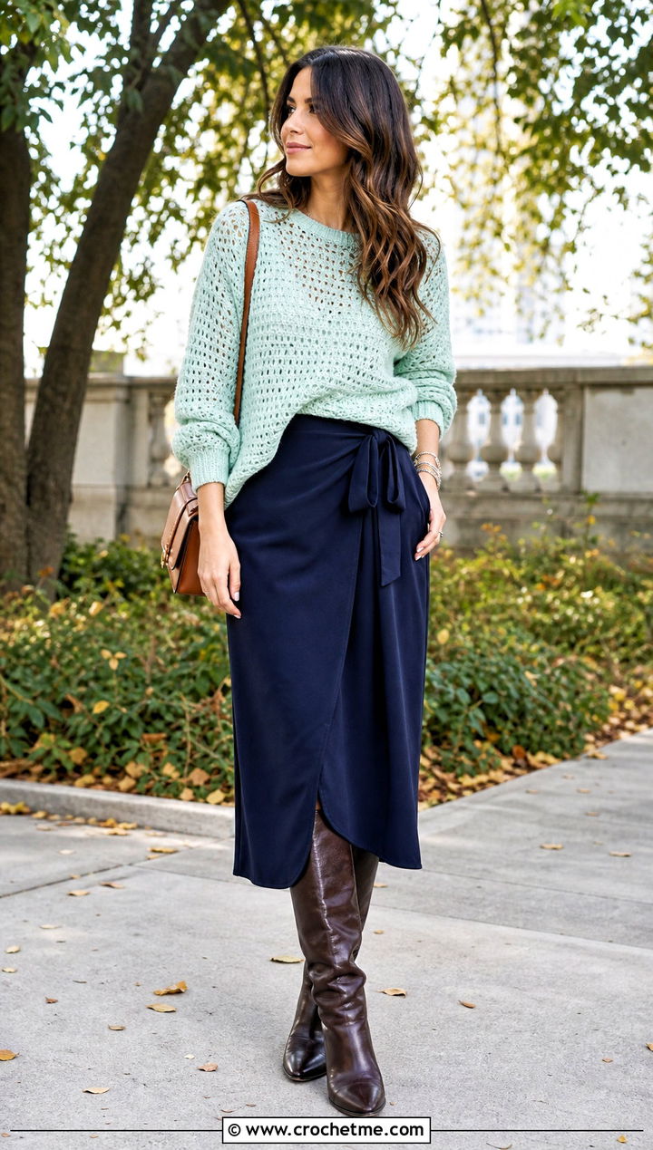 Slouchy Crochet Sweater With Wrap Skirt - 25 crochet sweater and skirt outfit ideas