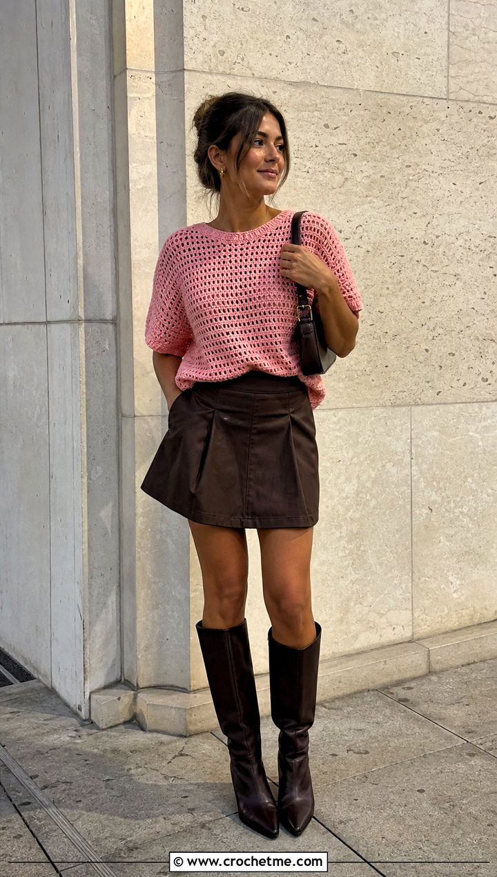 Slouchy Crochet T Shirt With Mini Skirt - 30 crochet t shirts outfit ideas