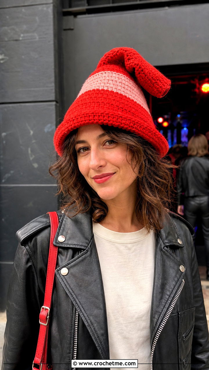 Slouchy Crochet Traffic Cone Hat With Leather Jacket - 25 crochet traffic cone hat outfit ideas