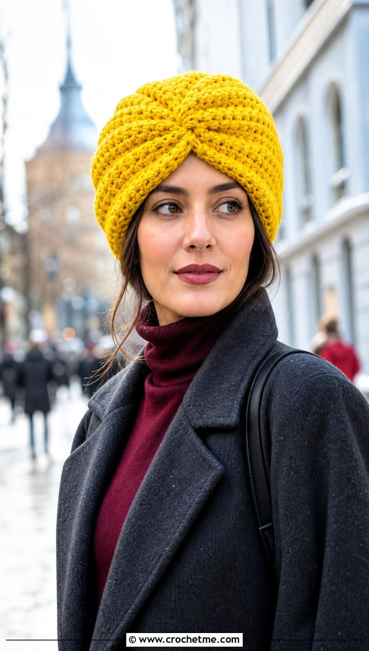 Slouchy Crochet Turban Hat With Long Coat - 15 crochet turban style hat outfit ideas
