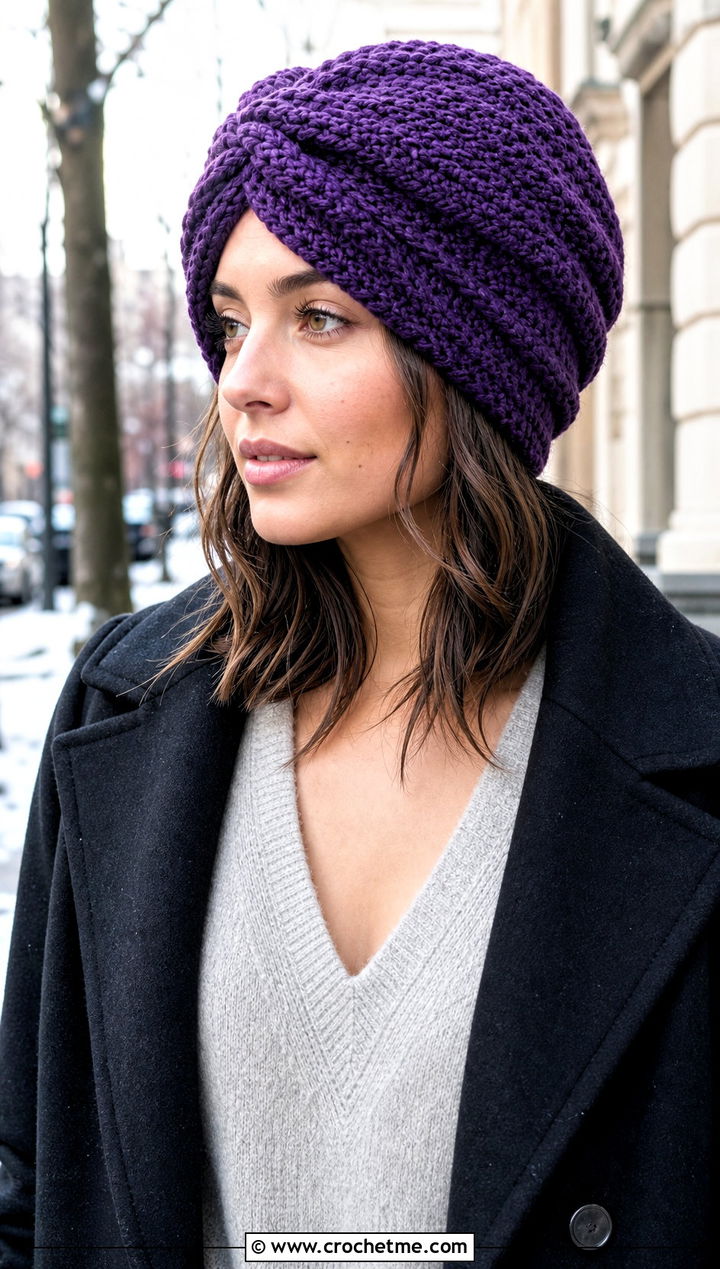 Slouchy Crochet Turban Hat With Sweater And Mini Skirt - 35 crochet turban hat outfit ideas