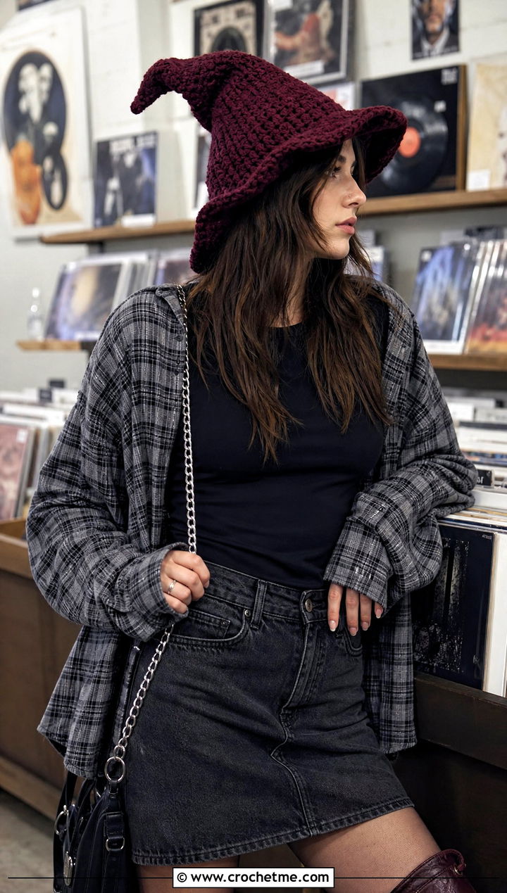 Slouchy Crochet Twisted Witch Hat With Grunge Outfit - 25 crochet twisted witch hat outfit ideas