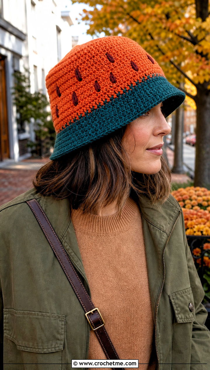 Slouchy Crochet Watermelon Bucket Hat With Sweater And Corduroy Pants - 30 crochet watermelon bucket hat outfit ideas