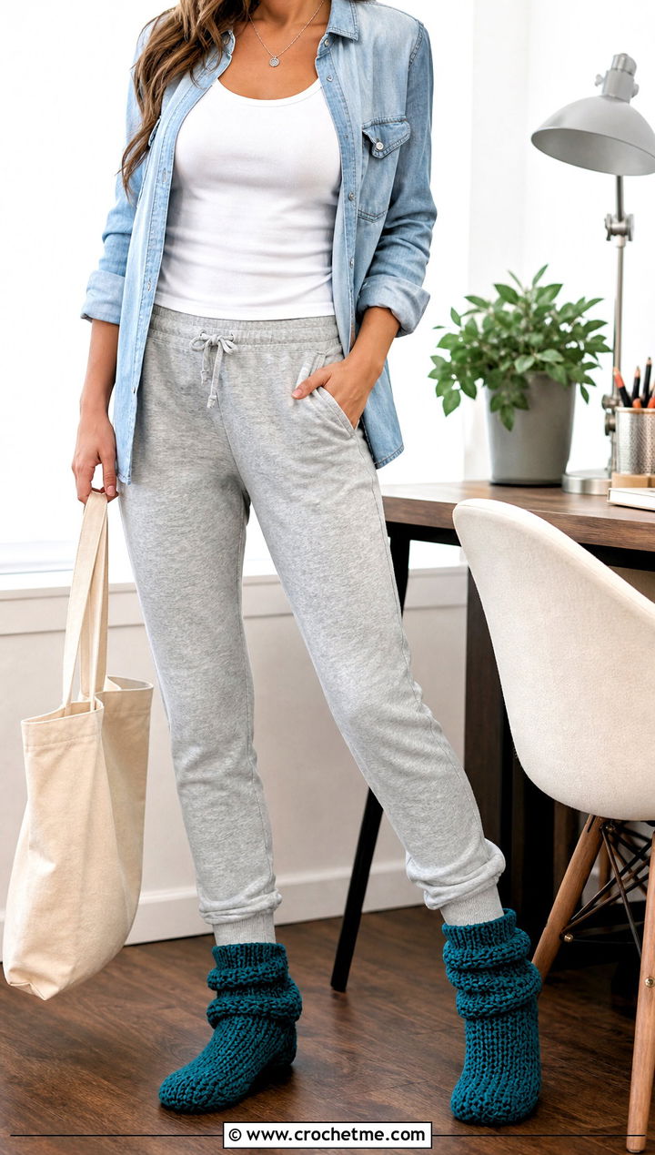 Slouchy Crocheted Slipper Socks With Denim Shirt And Joggers - 15 Crocheted Slipper Socks outfit ideas