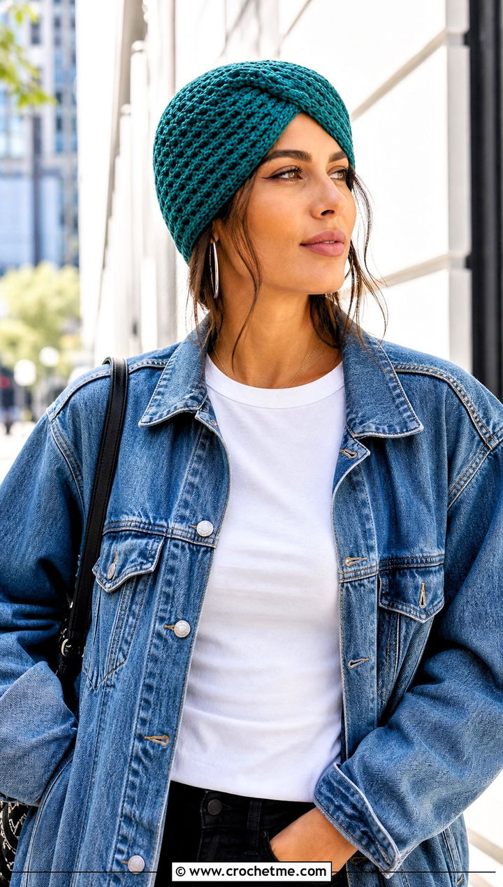 Slouchy Crossed Half Double Crochet Beanie With Denim Jacket - 15 crossed half double crochet hat outfit ideas