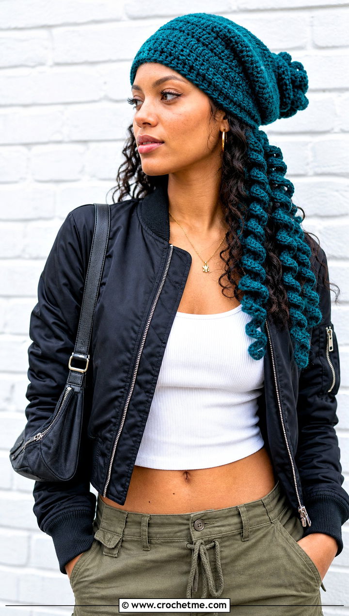 Slouchy Curly Cue Hat With Cargo Pants - 25 Crochet Curly Cue Hat outfit ideas