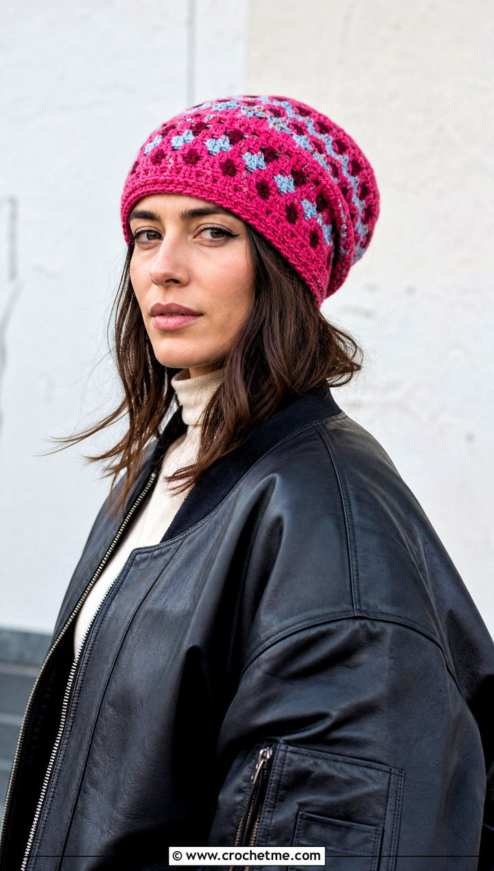 Slouchy Diamond Crochet Fair Isle Beanie With Leather Jacket - 20 Crochet Fair Isle Beanie outfit ideas