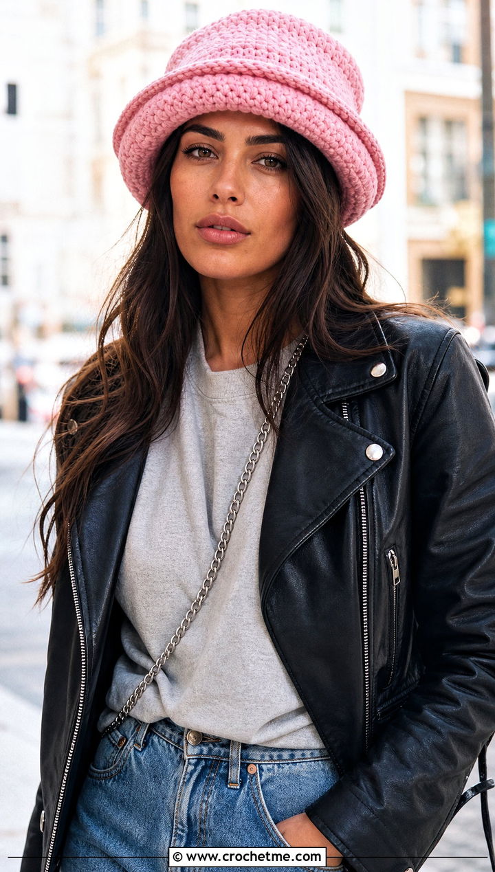 Slouchy Double Brim Crochet Hat With Leather Jacket - 20 Double Brim Crochet Hat outfit ideas