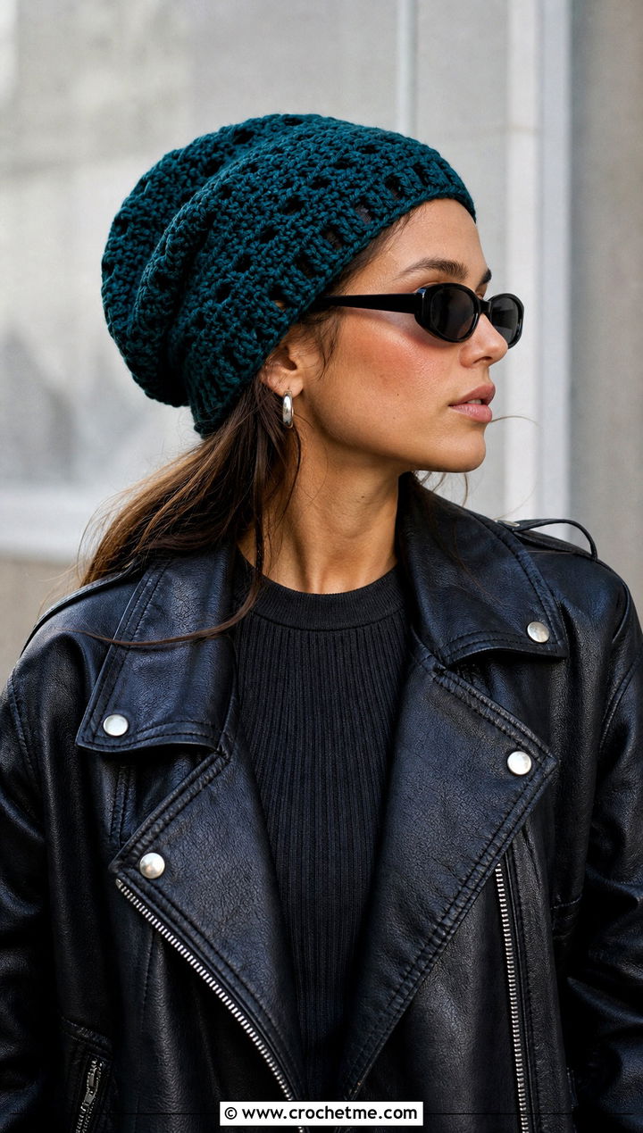 Slouchy Double Crochet Beanie With Leather Jacket - 30 double crochet hat outfit ideas