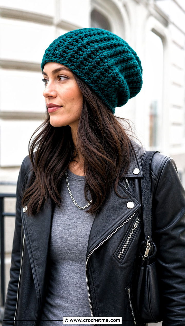 Slouchy Double Crochet Hat With Leather Jacket - 15 simple double crochet hat outfit ideas