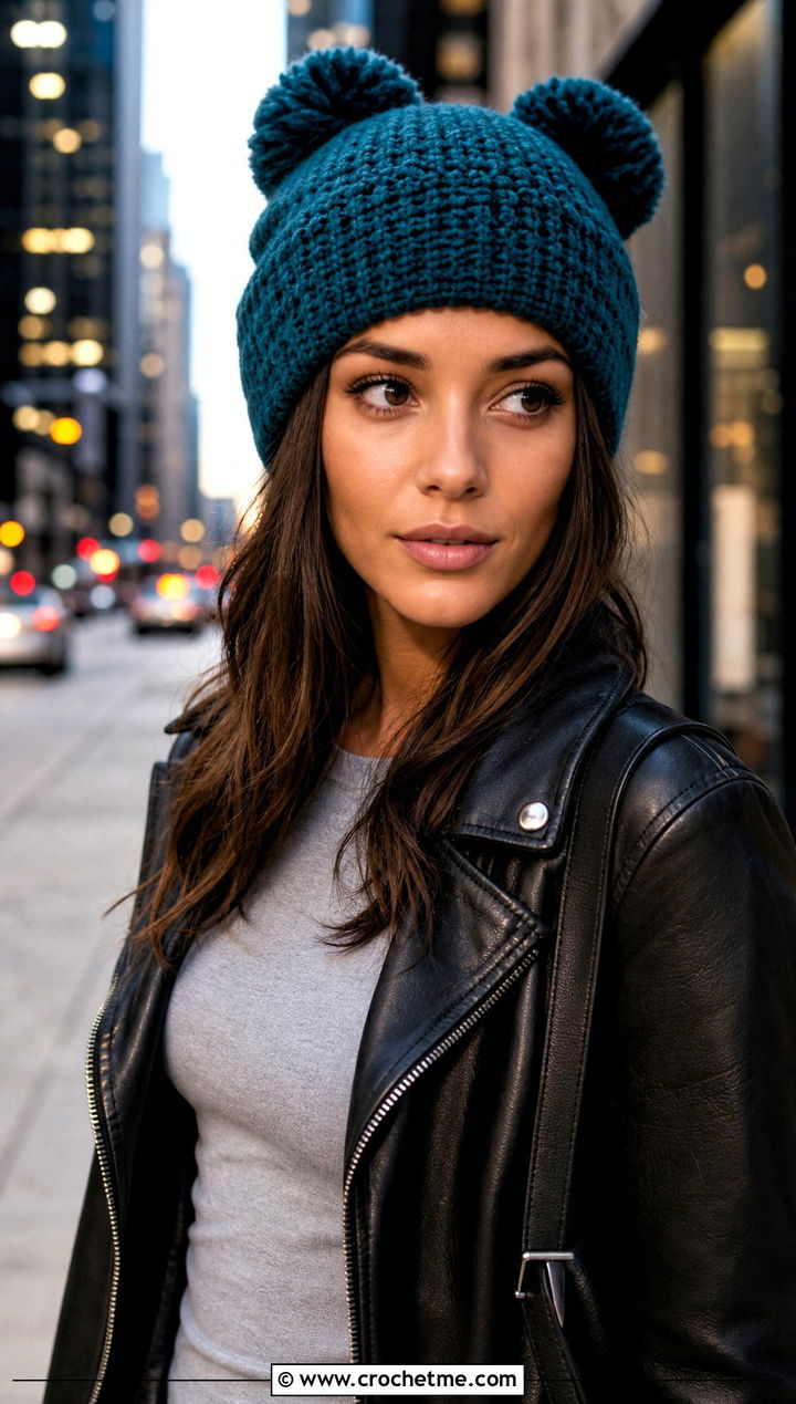 Slouchy Double Pom Pom Hat With Leather Jacket - 25 Crochet Double Pom Pom Hat outfit ideas