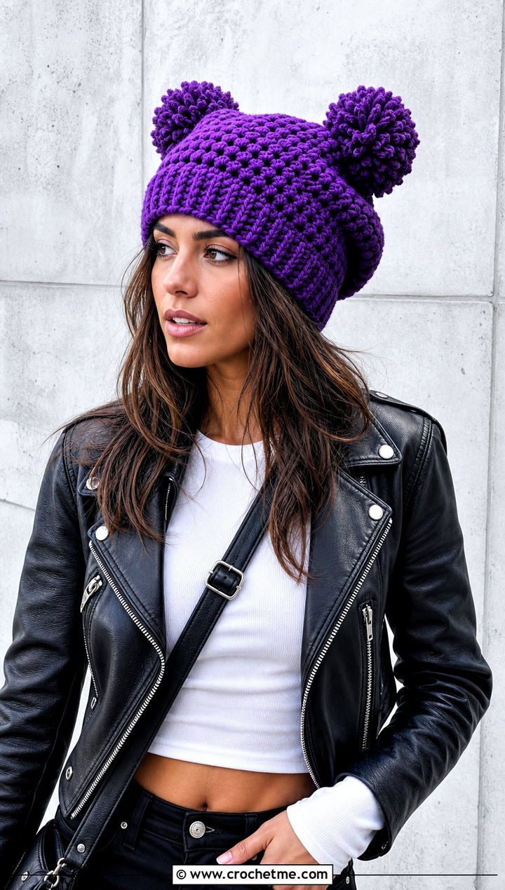 Slouchy Double Pompom Crochet Hat With Leather Jacket - 25 Double Pompom Crochet Hat outfit ideas