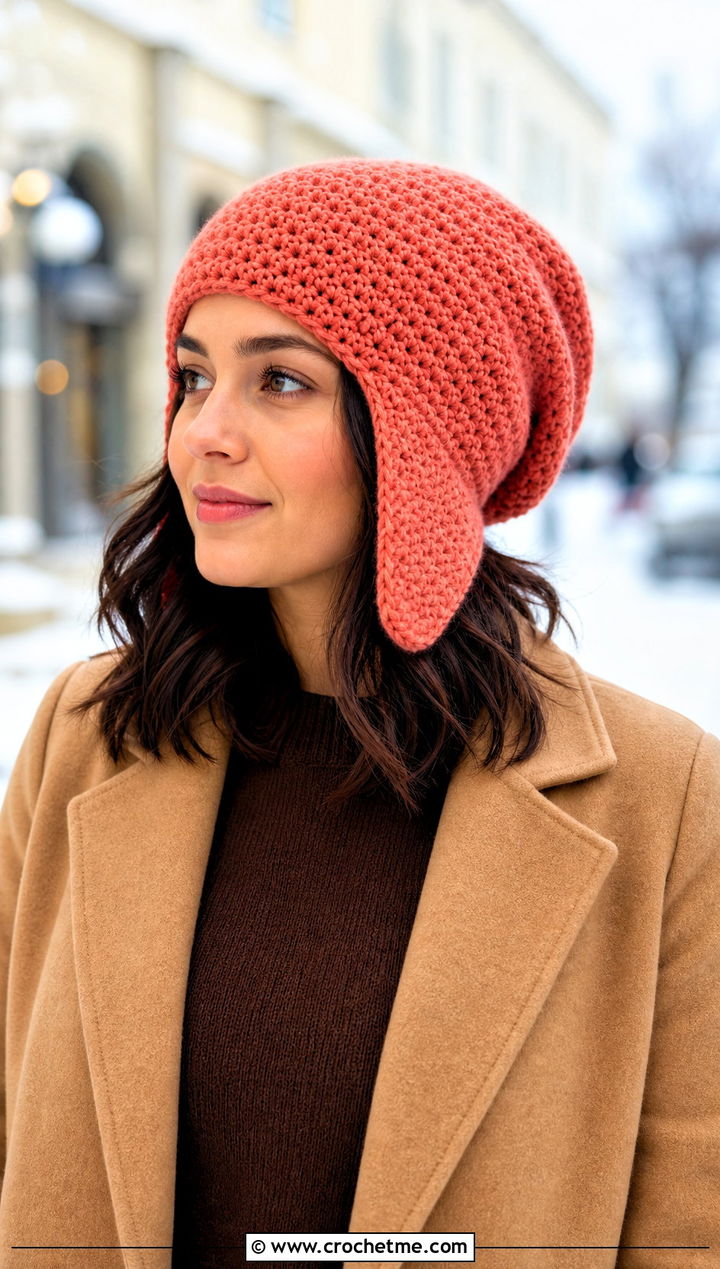 Slouchy Ear Flap Hat With Sweater Dress - 25 crochet ear flap hat outfit ideas