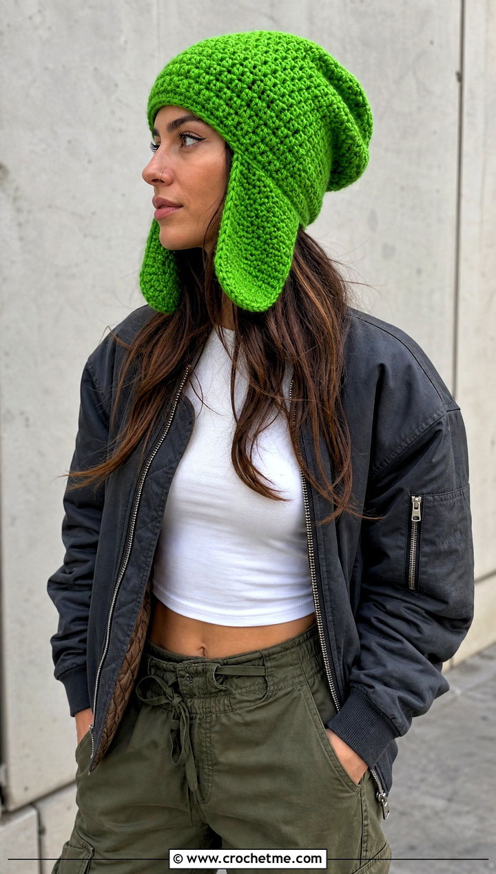 Slouchy Earflap Crochet Beanie With Cargo Pants - 25 Earflap Crochet Beanie outfit ideas