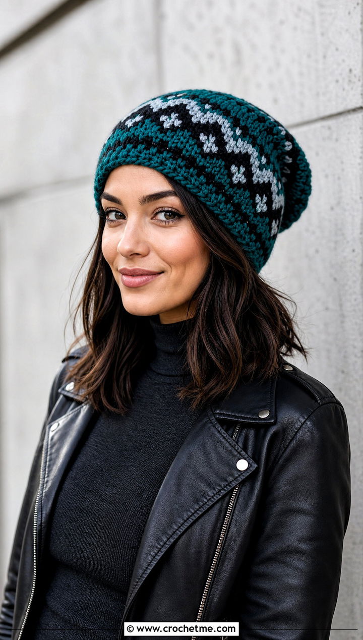 Slouchy Fair Isle Crochet Beanie With Leather Jacket - 30 fair isle crochet hat outfit ideas