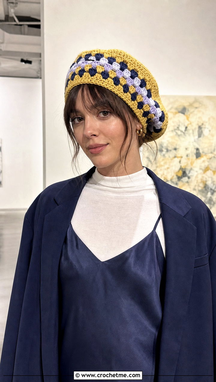 Slouchy Fair Isle Crochet Beret With Slip Dress - 30 fair isle crochet hat outfit ideas