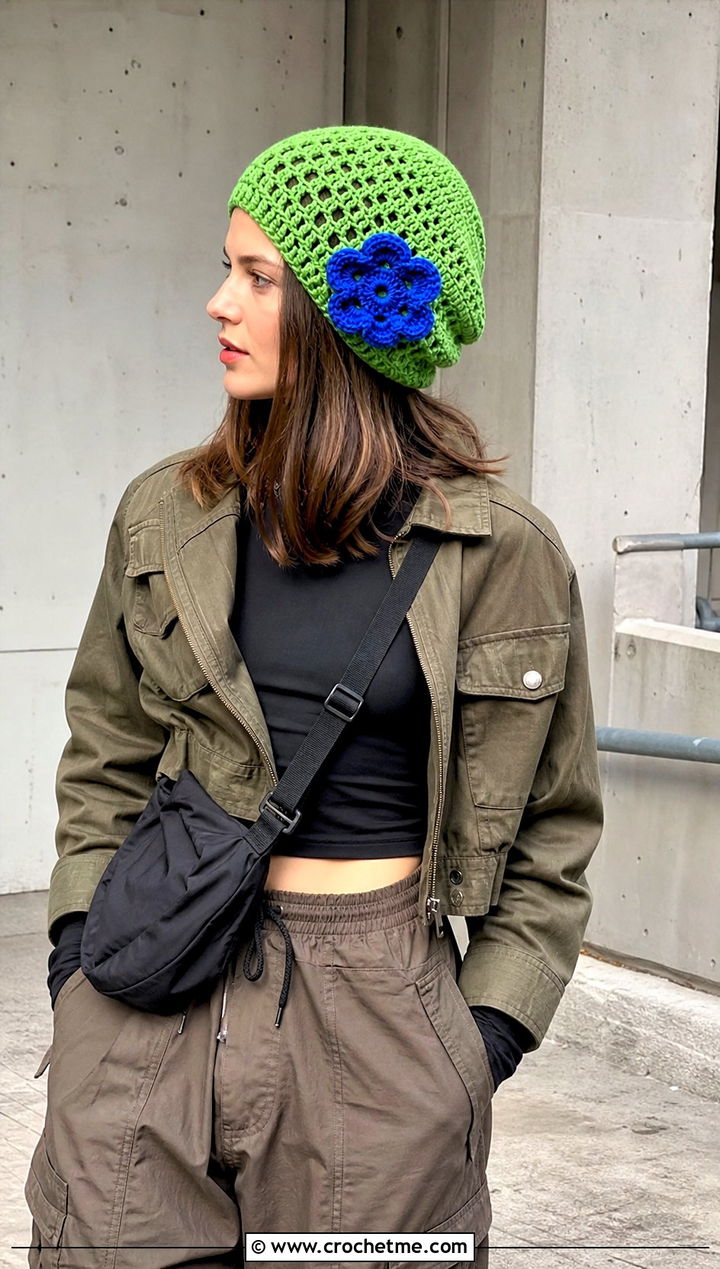 Slouchy Flower Crochet Beanie With Cargo Pants - 30 crochet flower beanie outfit ideas
