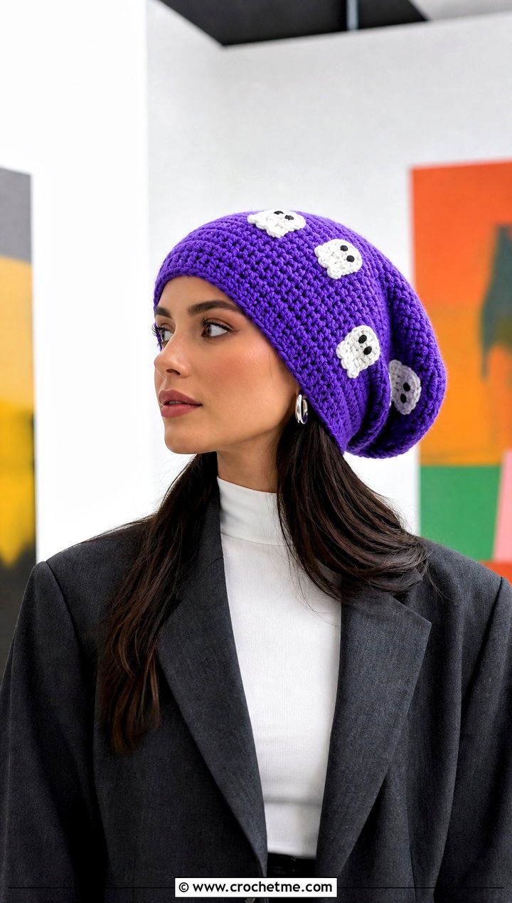 Slouchy Ghost Crochet Beanie With Oversized Blazer - 25 Ghost Crochet Hat outfit ideas
