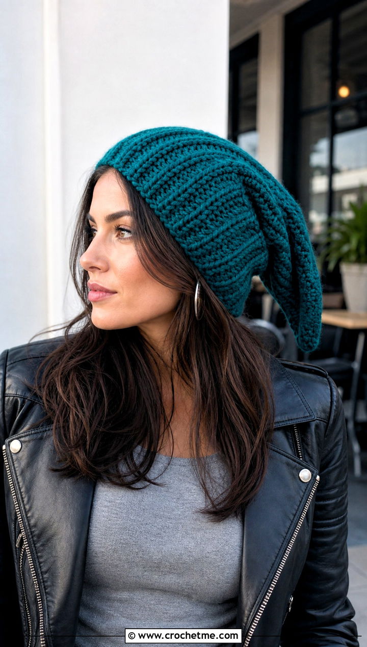 Slouchy Gnome Crochet Pointed Hat With Leather Jacket - 25 Crochet Pointed Hat outfit ideas
