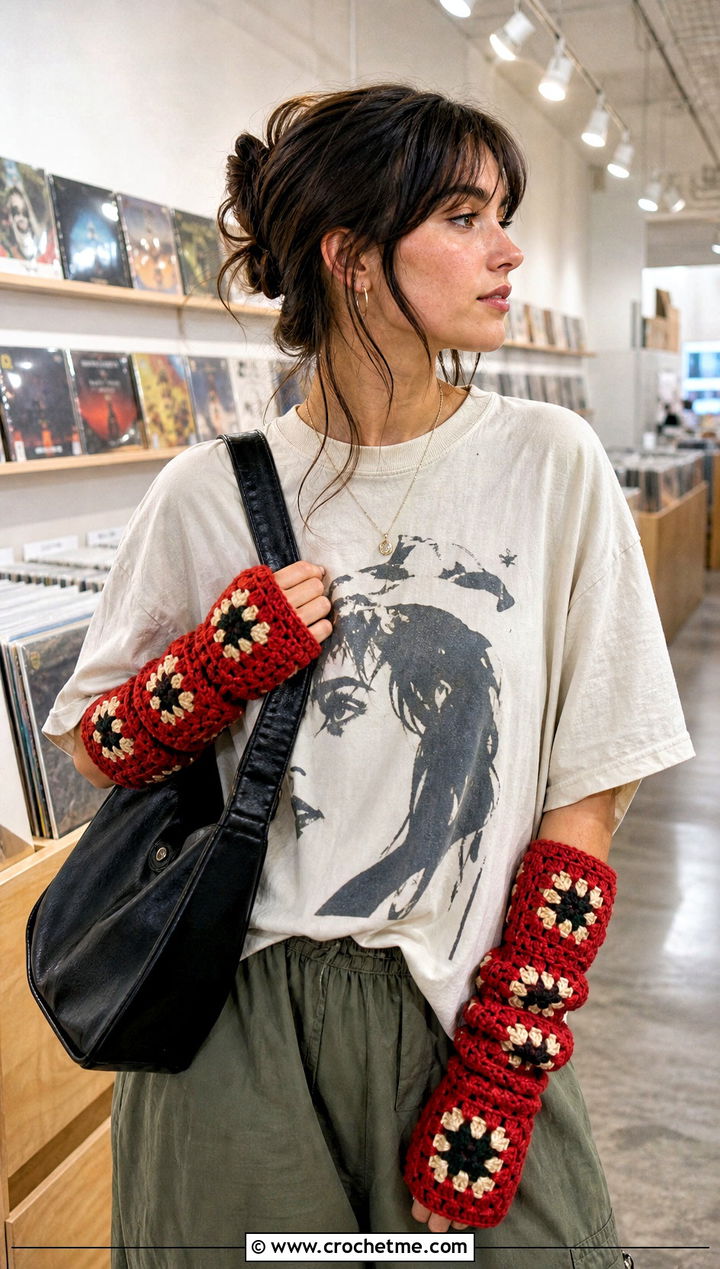 Slouchy Granny Square Arm Warmers With Graphic Tee And Parachute Pants - 25 Granny Square Arm Warmers outfit ideas