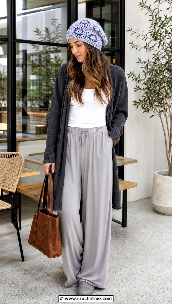 Slouchy Granny Square Beanie With Cardigan And Wide Leg Pants - 35 granny square hats outfit ideas