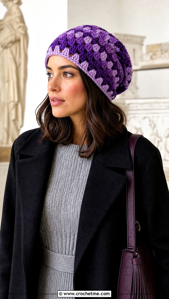 Slouchy Granny Square Beanie With Knit Dress - 30 granny square beanie outfit ideas