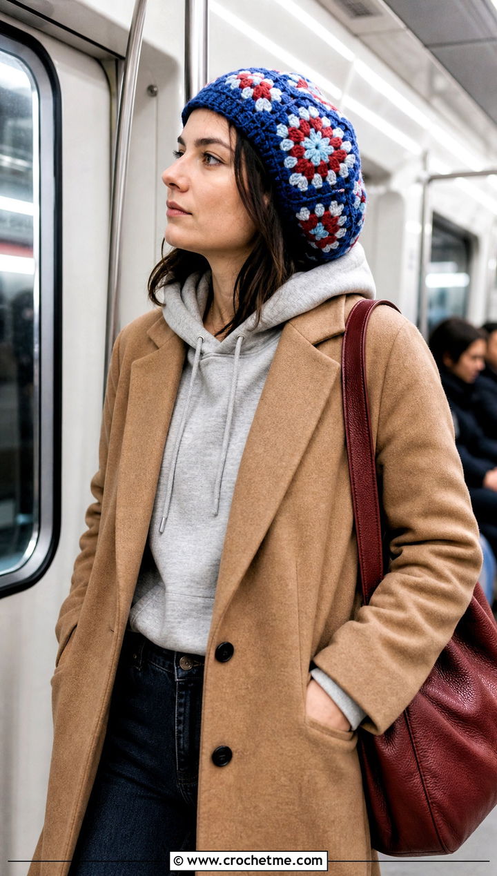 Slouchy Granny Square Beret With Hoodie And Coat - 25 Granny Square Beret outfit ideas