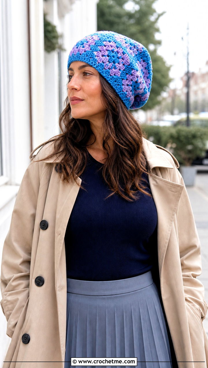 Slouchy Granny Square Crochet Beanie With Trench Coat And Midi Skirt - 30 granny square crochet beanie outfit ideas