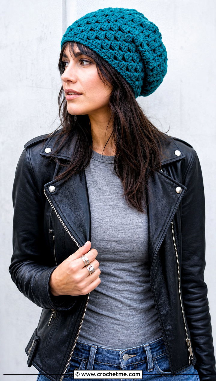 Slouchy Granny Stitch Beanie With Leather Jacket And Straight Jeans - 30 crochet granny stitch hat outfit ideas