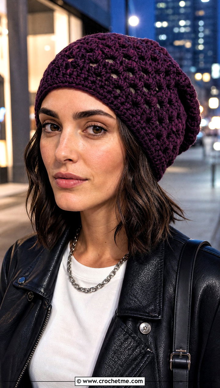 Slouchy Granny Stitch Beanie With Leather Jacket - 20 Granny Crochet Hat outfit ideas