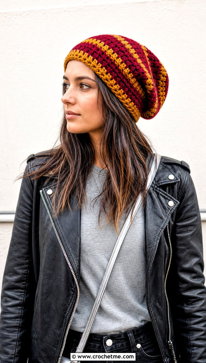 Slouchy Gryffindor Crochet Beanie With Leather Jacket - 15 gryffindor crochet hat outfit ideas