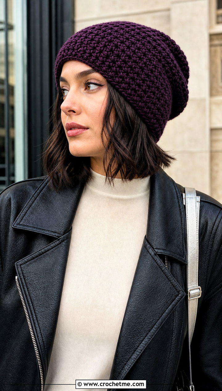 Slouchy HDC Crochet Beanie With Leather Jacket - 20 hdc crochet beanie outfit ideas