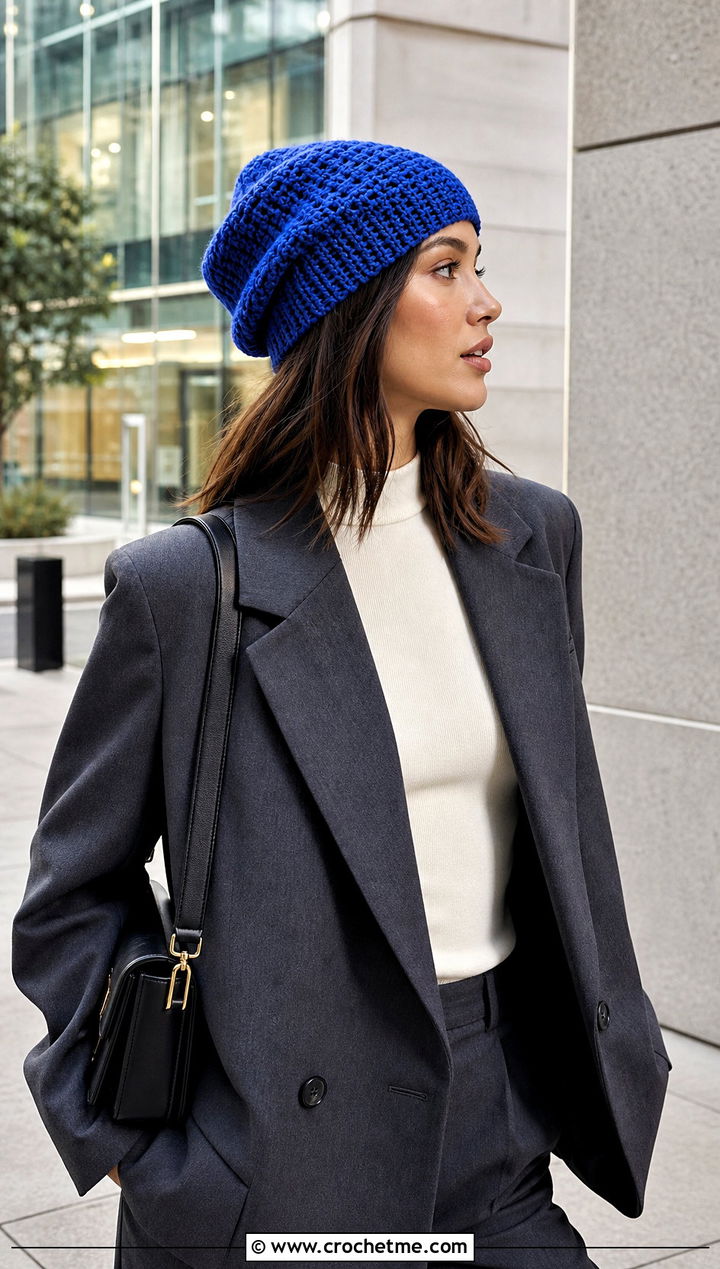 Slouchy HDC Hat With Blazer And Wide Leg Trousers - 20 hdc crochet hat outfit ideas