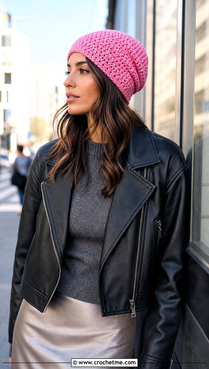 Slouchy Half Double Crochet Beanie With Leather Jacket And Satin Skirt - 30 Half Double Crochet Hat outfit ideas