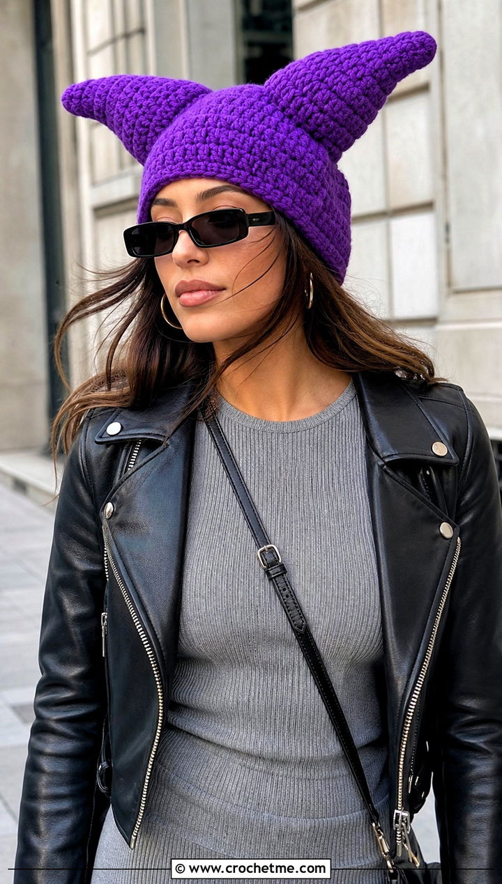 Slouchy Horn Crochet Clown Hat With Leather Jacket - 30 crochet clown hat outfit ideas