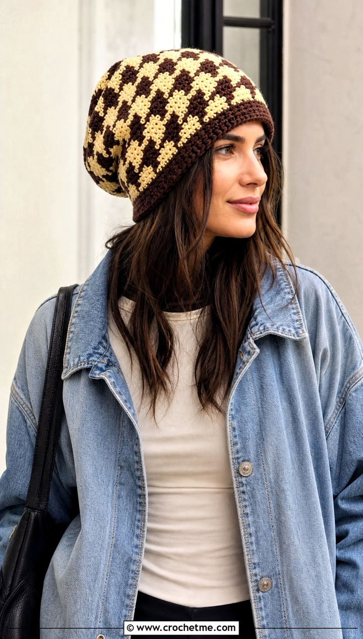 Slouchy Houndstooth Crochet Hat With Denim Jacket - 15 houndstooth crochet hat outfit ideas