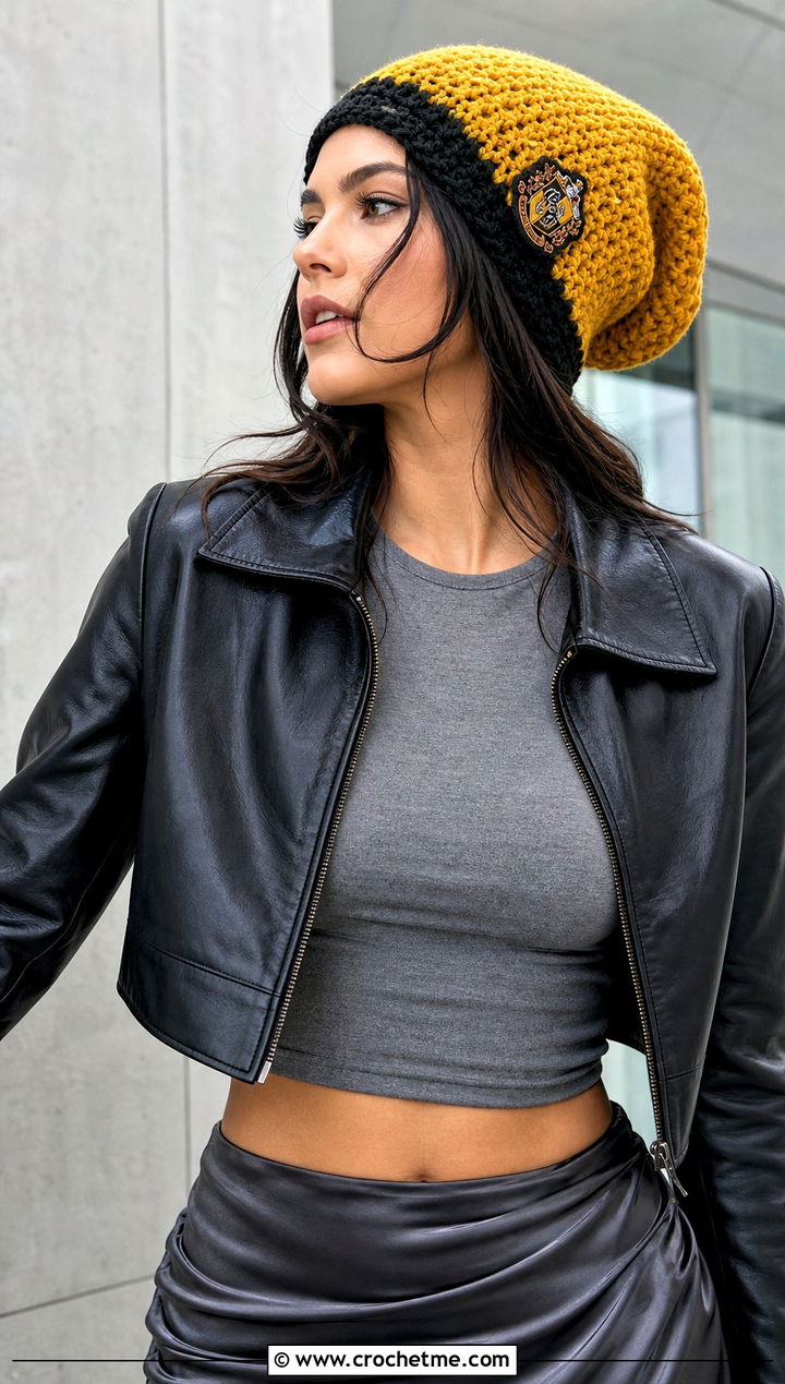 Slouchy Hufflepuff Crochet Beanie With Leather Jacket - 15 Hufflepuff Crochet Hat outfit ideas