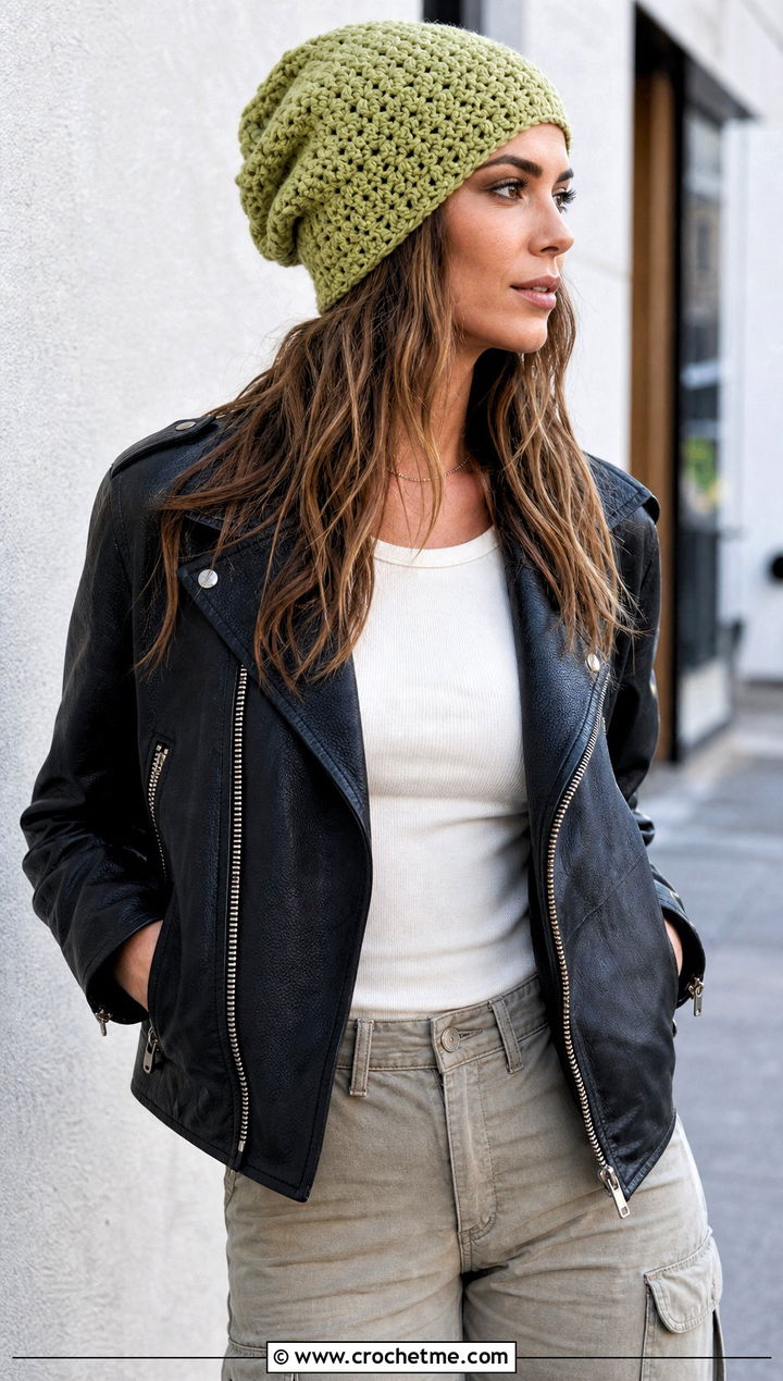 Slouchy Jasmine Stitch Crochet Beanie With Leather Jacket - 20 jasmine stitch crochet hat outfit ideas