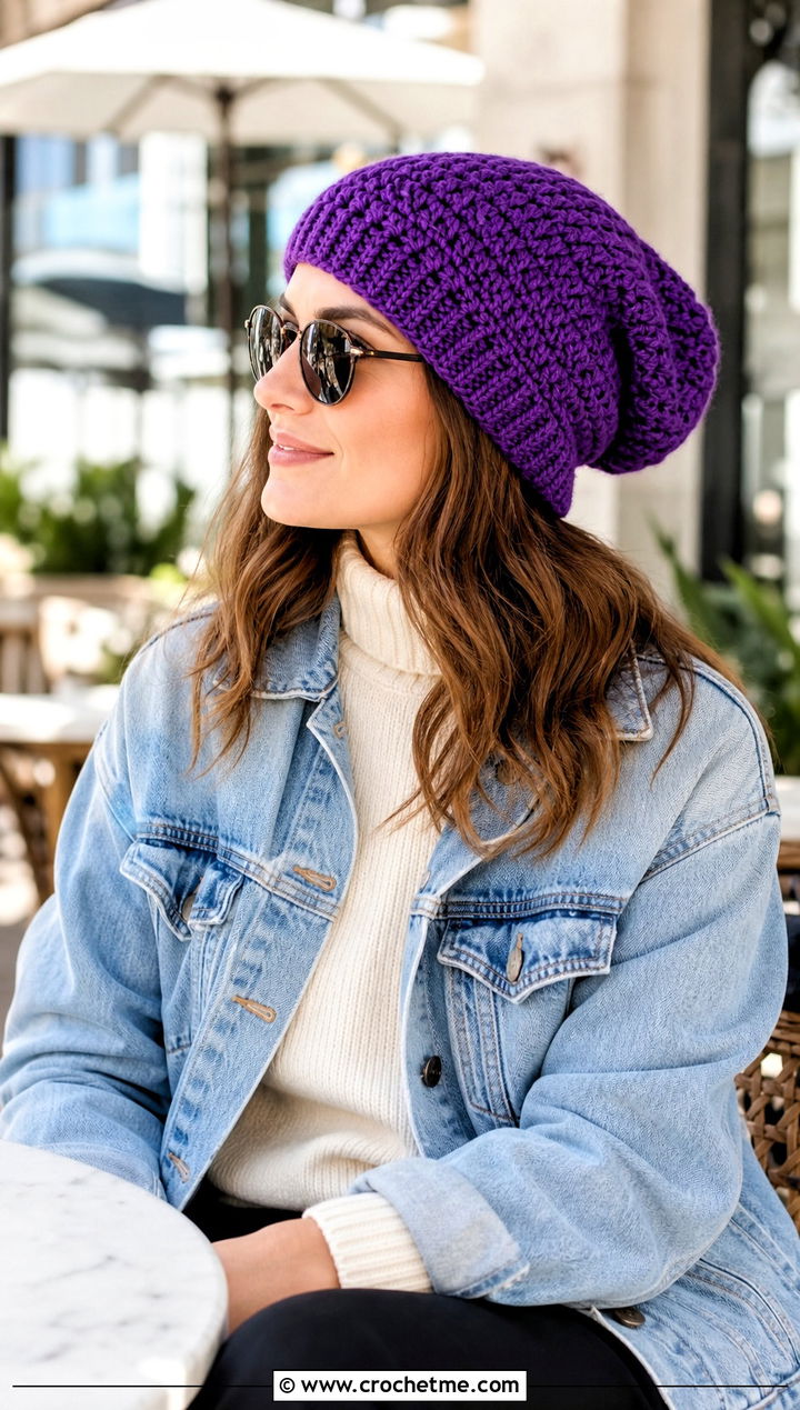 Slouchy Knit Look Crochet Beanie With Denim Jacket - 20 Crochet Beanie That Looks Like Knit outfit ideas