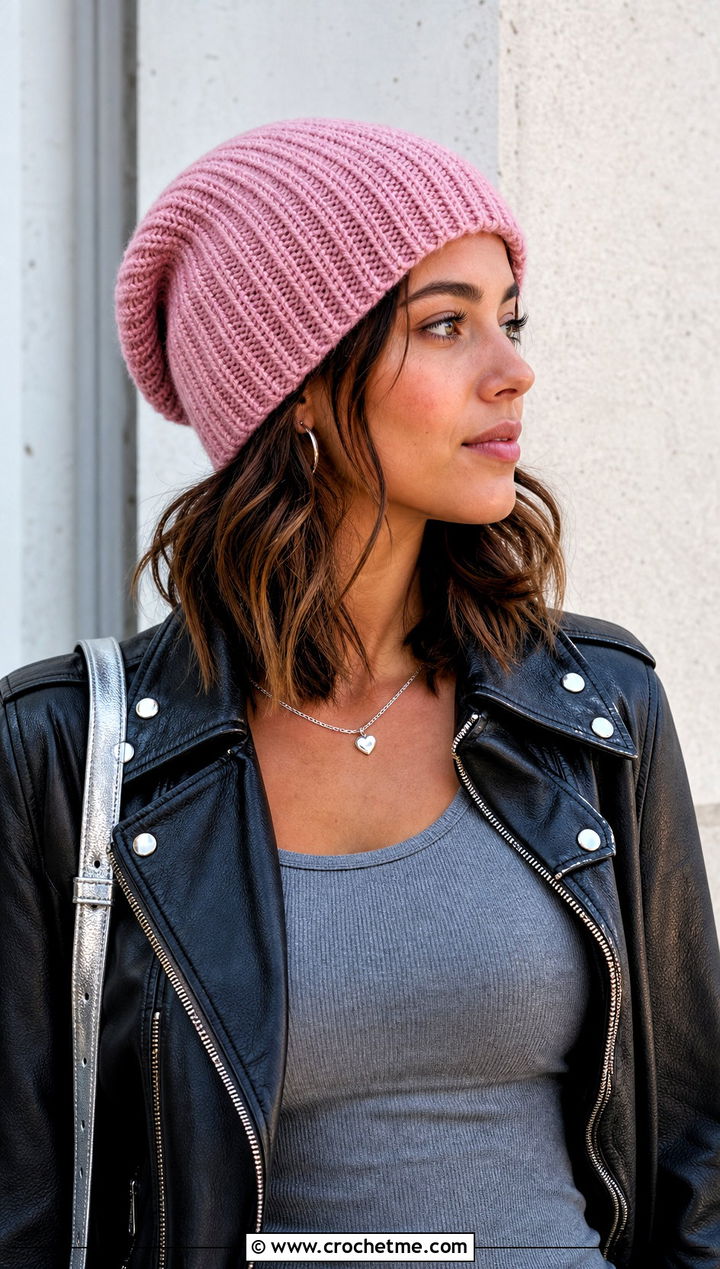 Slouchy Knit Look Crochet Beanie With Leather Jacket - 20 Crochet Knit Look Hat outfit ideas