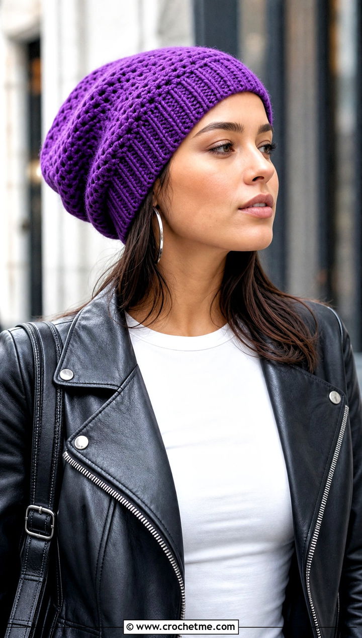 Slouchy Knit Look Crochet Hat With Leather Jacket - 25 Knit Look Crochet Hat outfit ideas