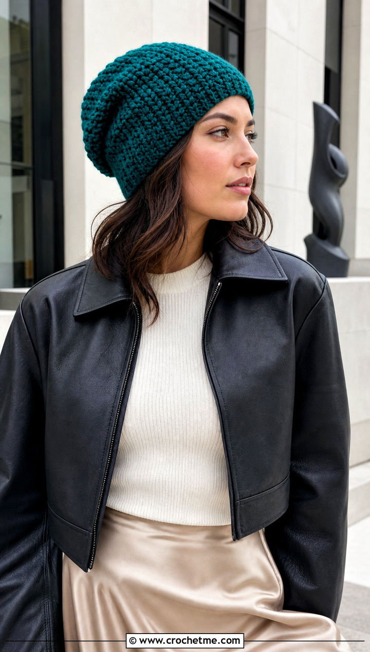 Slouchy Lemon Peel Stitch Crochet Beanie With Leather Jacket And Midi Skirt - 15 Lemon Peel Stitch Crochet Hat outfit ideas