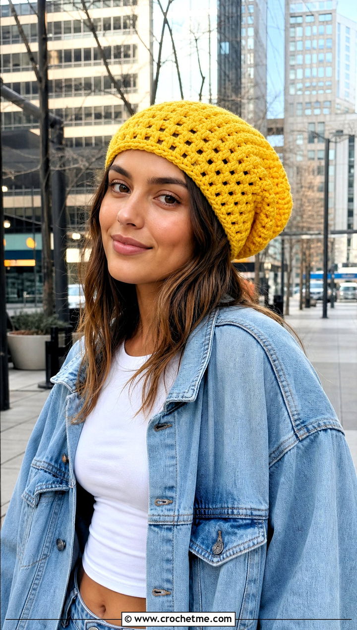 Slouchy Magic Circle Crochet Beanie With Denim Jacket - 25 Crochet Beanie Magic Circle outfit ideas