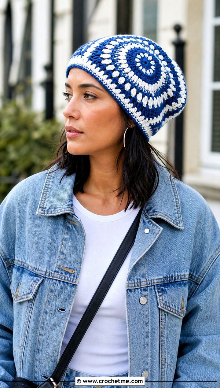 Slouchy Mandala Crochet Beanie With Denim Jacket - 20 Mandala Crochet Beanie outfit ideas