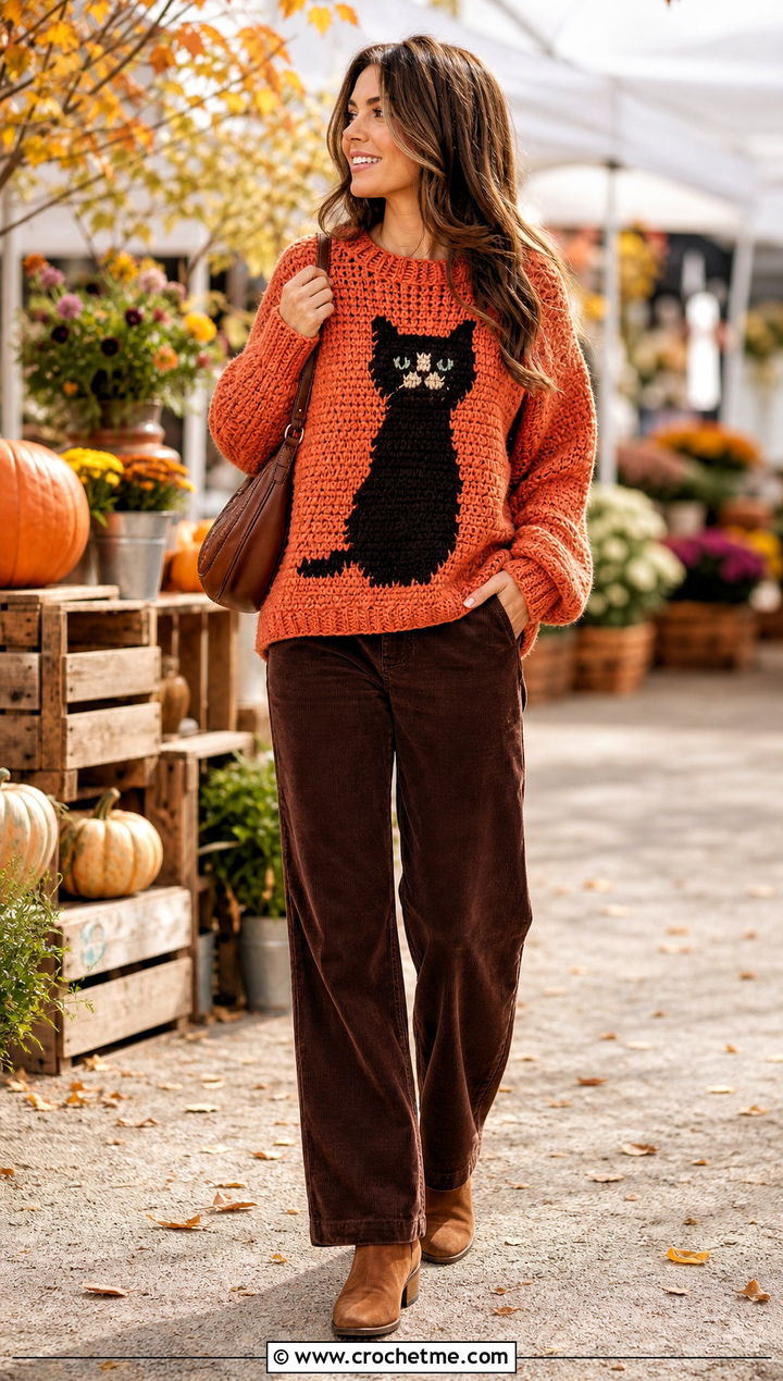 Slouchy Marceline Cat Sweater With Corduroy Pants - 30 crochet marceline sweater outfit ideas