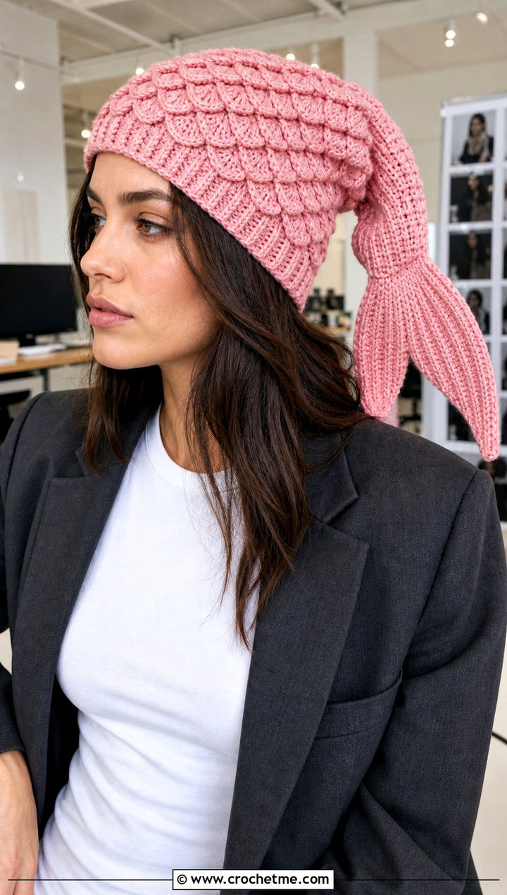 Slouchy Mermaid Tail Crochet Hat With Oversized Blazer - 15 Mermaid Tail Crochet Hat outfit ideas