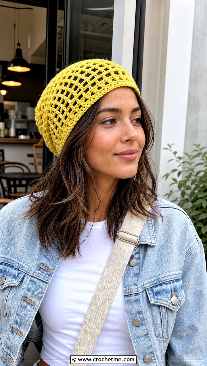 Slouchy Mesh Lightweight Crochet Beanie With Denim Jacket - 15 Lightweight Crochet Beanie outfit ideas