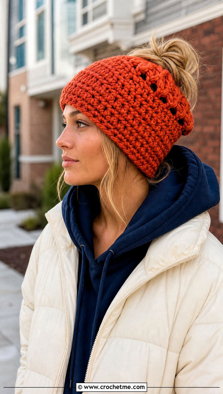 Slouchy Messy Bun Crochet Beanie With Hoodie - 30 easy messy bun crochet beanie outfit ideas
