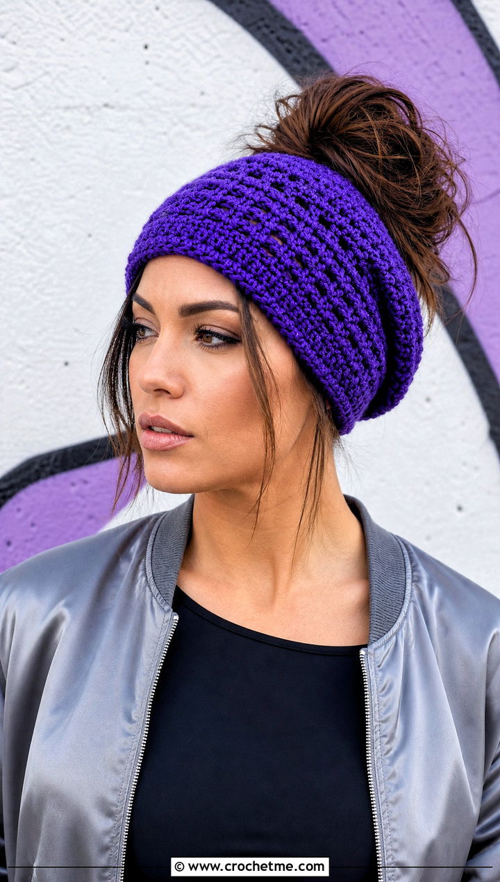 Slouchy Messy Bun Crochet Hat With Bomber Jacket - 25 messy bun crochet hat with hair tie outfit ideas