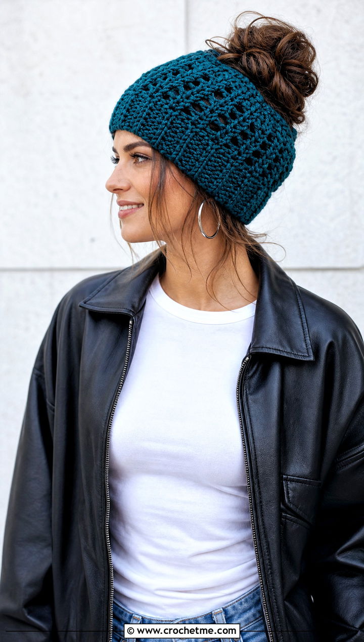 Slouchy Messy Bun Crochet Hat With Leather Jacket - 25 Easy Messy Bun Crochet Hat outfit ideas
